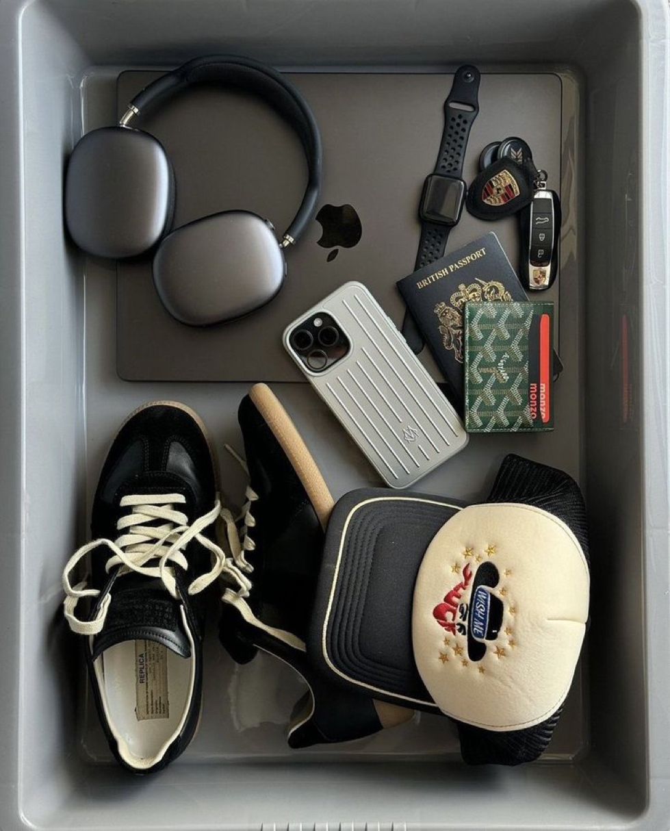 Travel bin with headphones, passport, wallet, keys, phone, hat, and sneaker