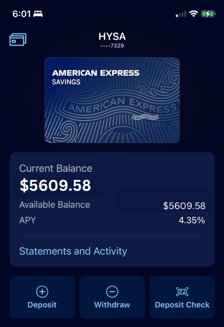 American Express savings account screen showing HYSA balance and APY