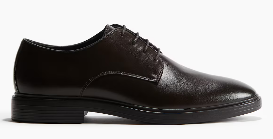 Dark leather derby shoe on a light background