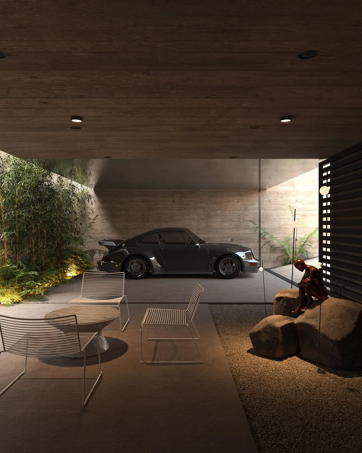 Warm garage lounge with a car, greenery, chairs, and low lighting