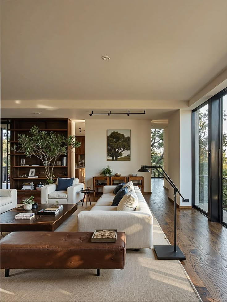 Warm living room with brown leather bench, soft seating, and large windows