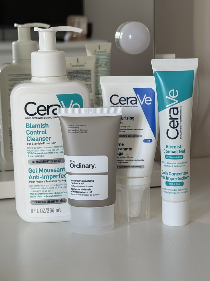 CeraVe and The Ordinary skincare products on a bathroom counter